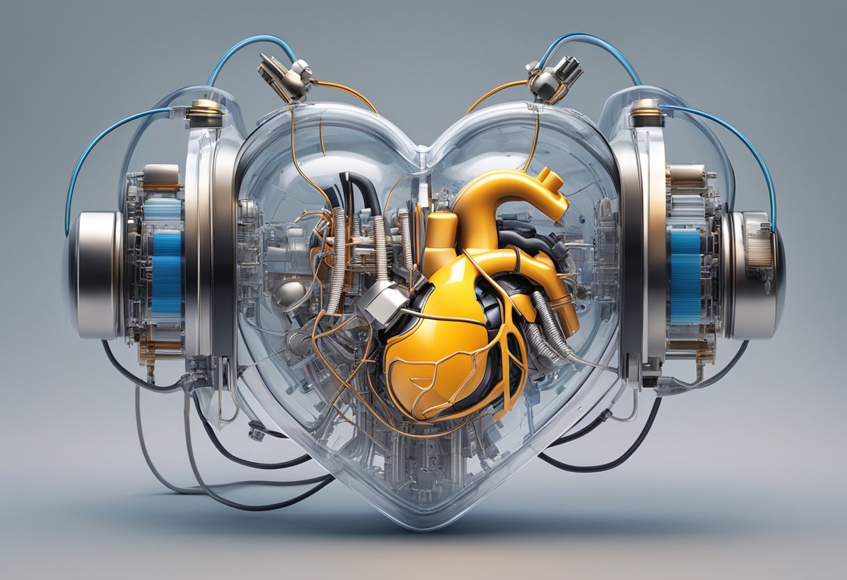 A bionic heart pulsates with energy, wires and circuits visible beneath its transparent casing. The surrounding machinery hums with life as the heart beats steadily