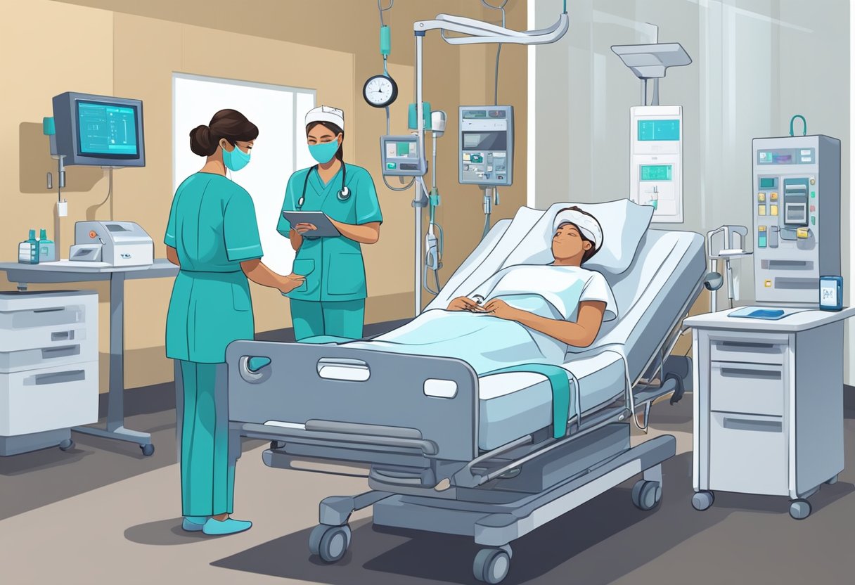A patient lies in a hospital bed, surrounded by medical equipment and monitoring devices. A nurse checks the patient's vital signs while another adjusts the IV drip