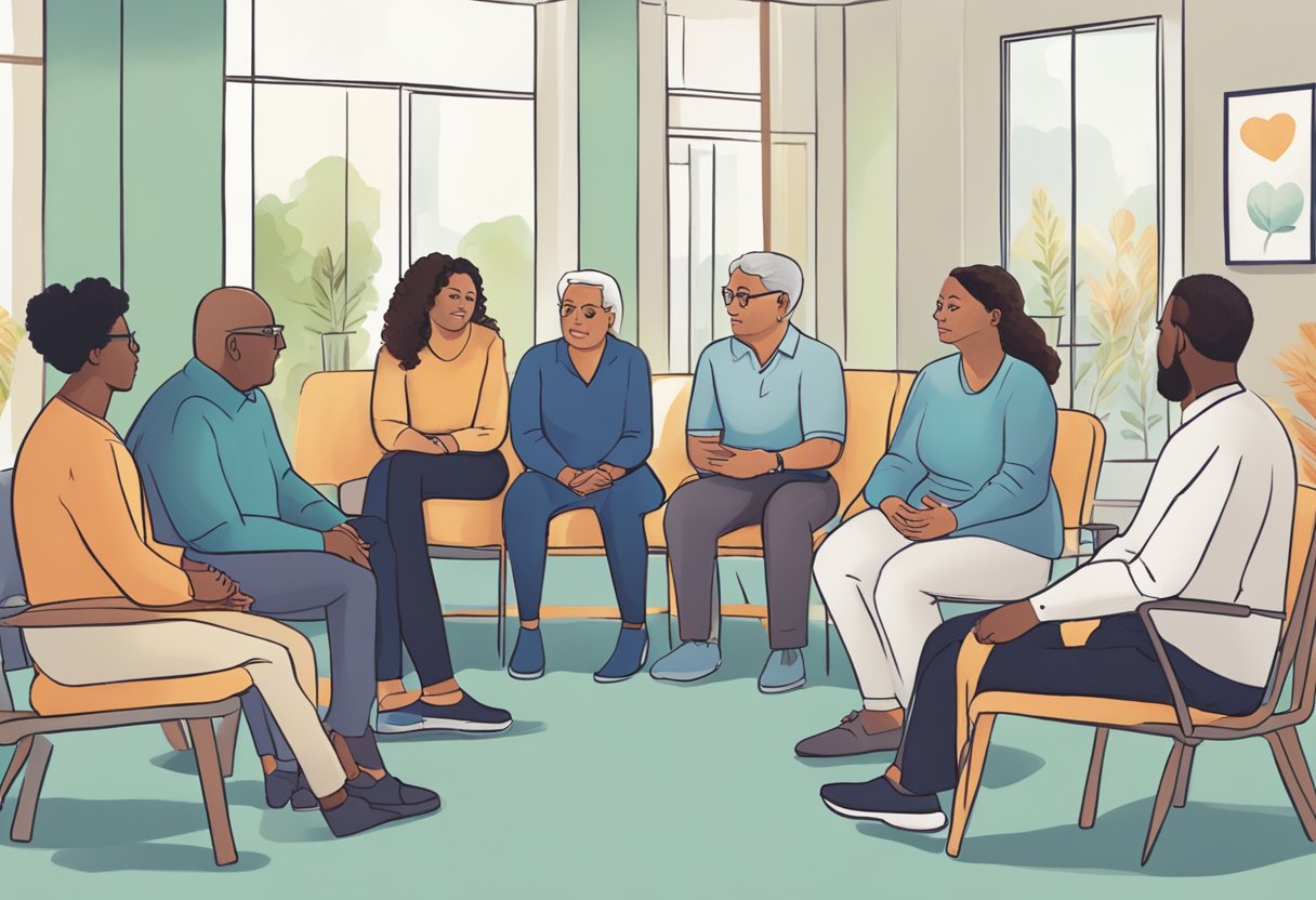 A group therapy session for heart disease patients, led by a psychologist. Participants engage in discussions and activities to address the psychological impact of their condition