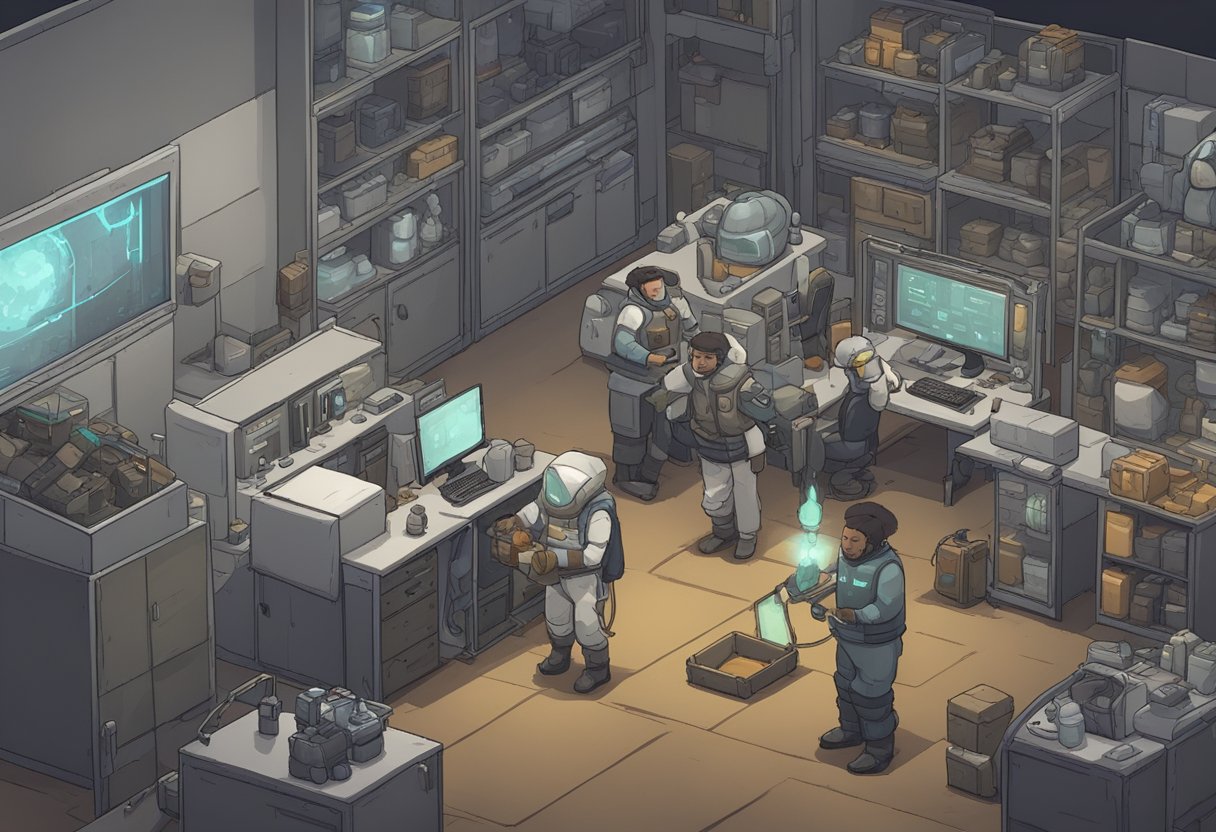A colonist in RimWorld clutches their chest, a bionic heart malfunctioning. Medical supplies and equipment surround them as others rush to their aid