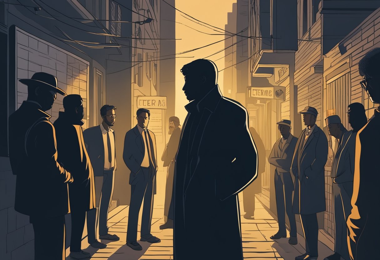 A shadowy figure stands in a dimly lit alley, surrounded by anxious individuals seeking answers about loan terms and interest rates