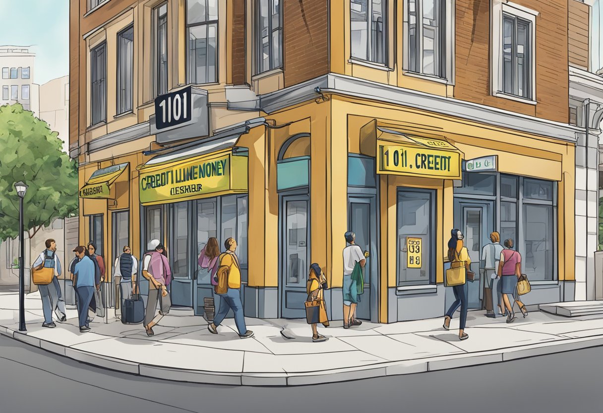 A sign reading "101 credit licensed money lender" on a busy street corner, with people entering and exiting the building