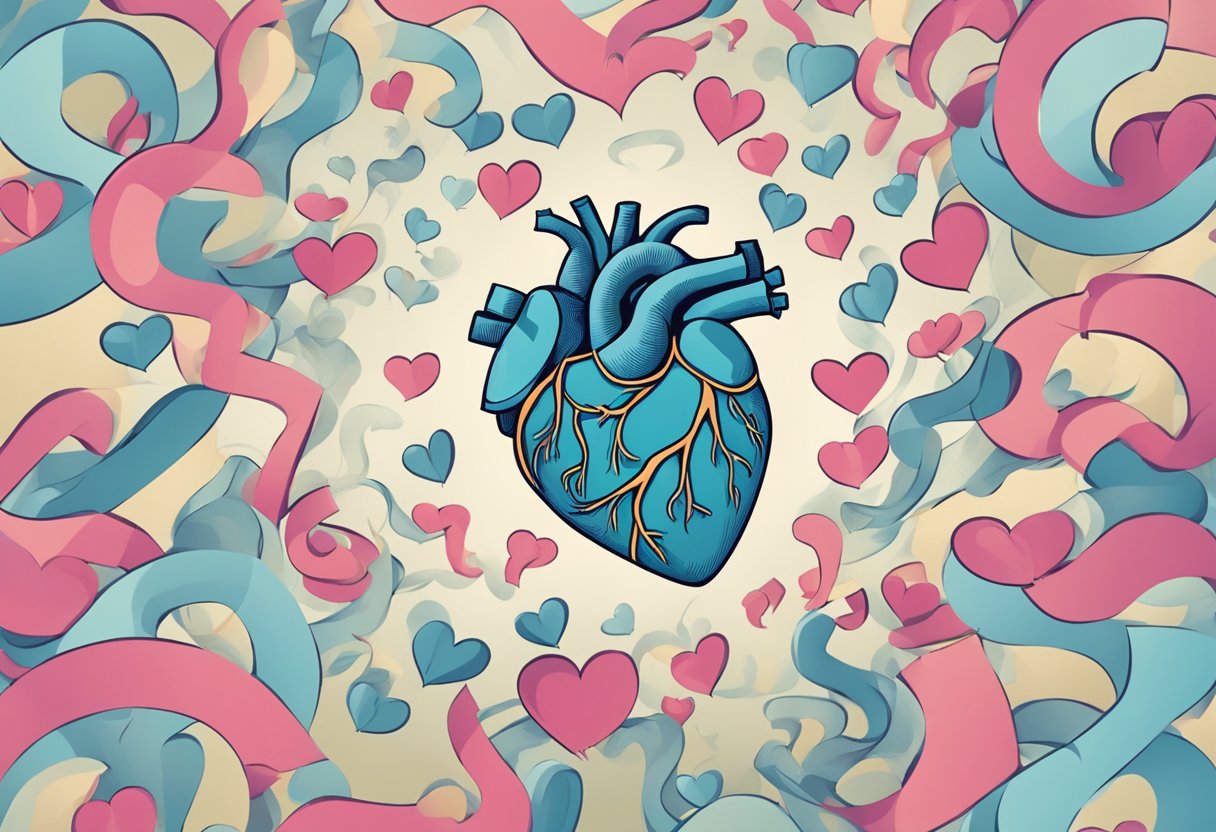 A heart with question marks floating around it, representing the confusion and uncertainty surrounding the psychological effects of heart disease