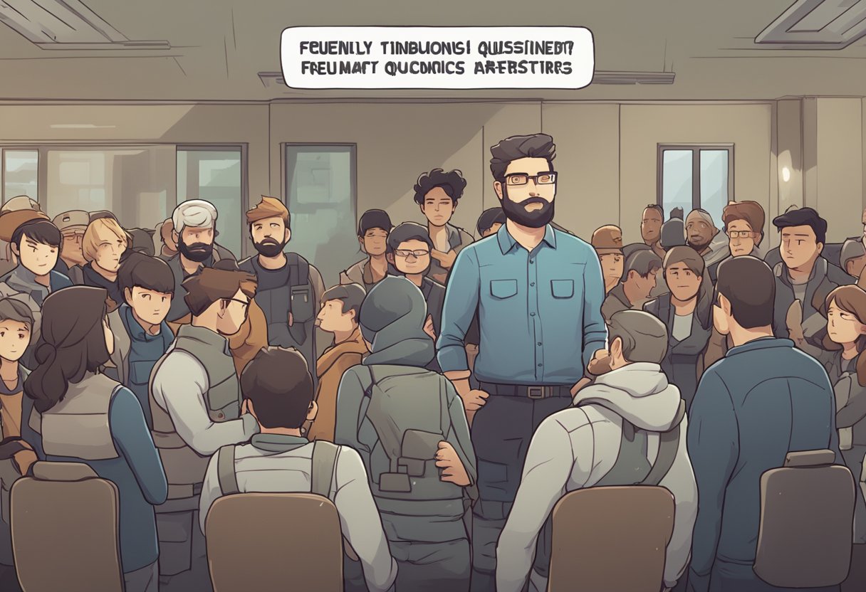 A character in distress clutches their chest, surrounded by concerned onlookers. The words "Frequently Asked Questions rimworld bionic heart attack" hover in the air above them