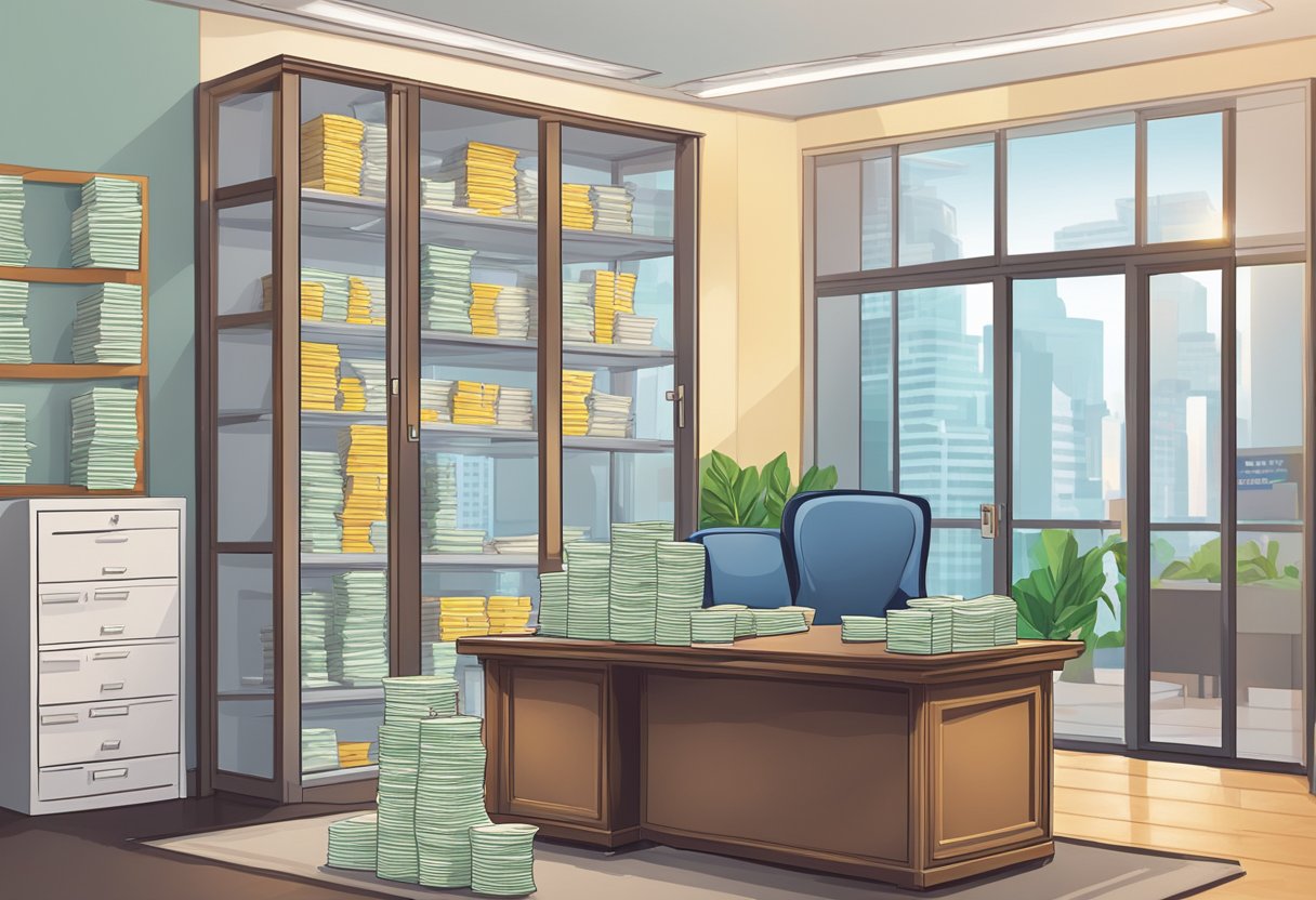 A money lender's office with a sign "best review money lender singapore" on the door. A desk with stacks of cash and paperwork