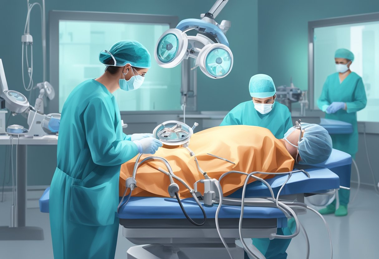 A surgeon performing open heart surgery, replacing a valve with precision and focus. Medical equipment and monitors surround the operating table
