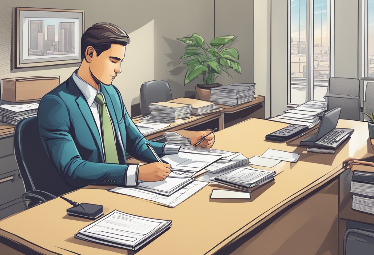 A person filling out paperwork at a desk in a loan or credit money lender's office