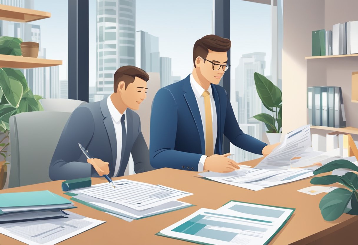 A licensed money lender in Singapore explains lending process. Office setting with financial documents and customer consultation
