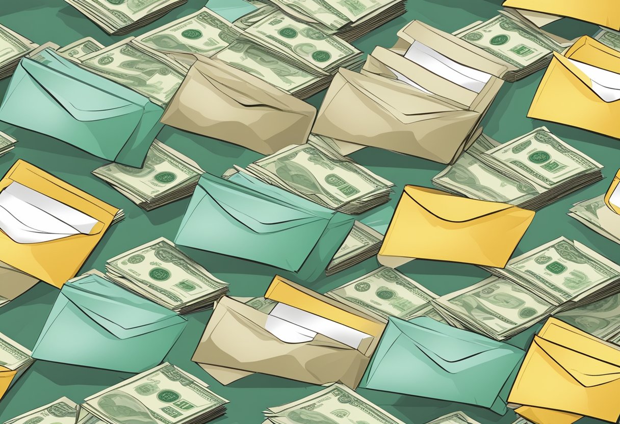 A stack of money lender's envelopes, each with a message inside, ready to be sent out