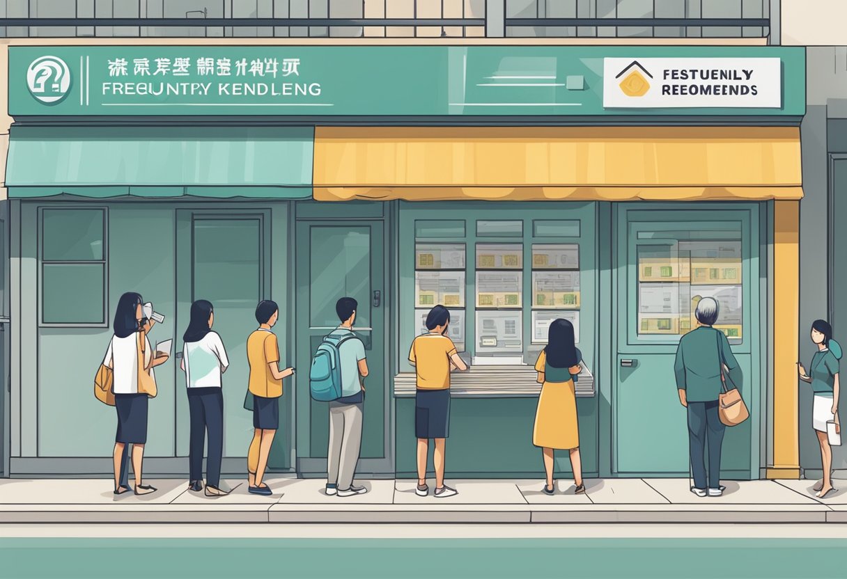 A group of people lining up outside a money lending office in Jurong, with a sign that reads "Frequently Asked Questions best highly recommended money lenders."