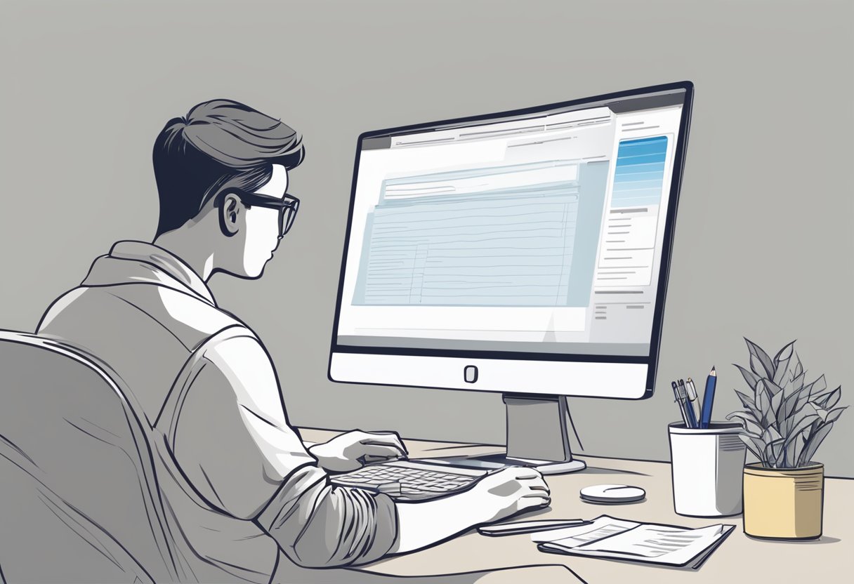A person sitting at a desk, comparing reviews of licensed moneylenders in Singapore on a computer screen. The person is holding a pen and notepad, jotting down notes