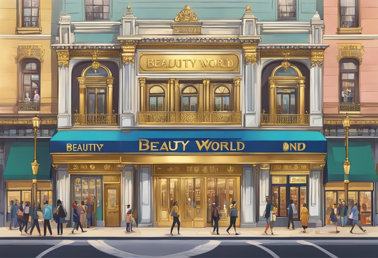 A grand, opulent building with "Beauty World License Money Lender" emblazoned in gold lettering above the entrance. Surrounding it, a bustling street filled with people and vibrant signs