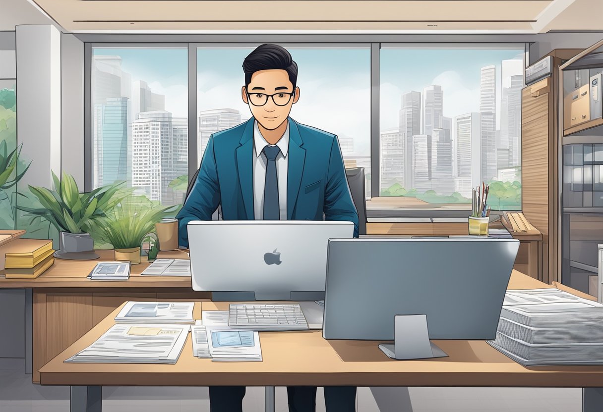A money lender in Singapore sends messages, with a license displayed prominently. The setting is a professional office with a desk, computer, and official documents