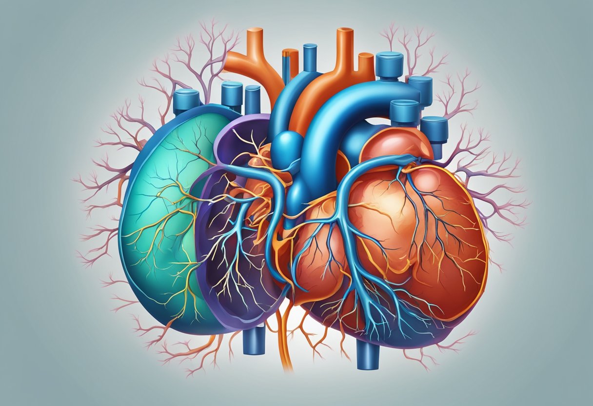 A heart with high creatinine levels, surrounded by congested blood vessels and a kidney struggling to filter out waste