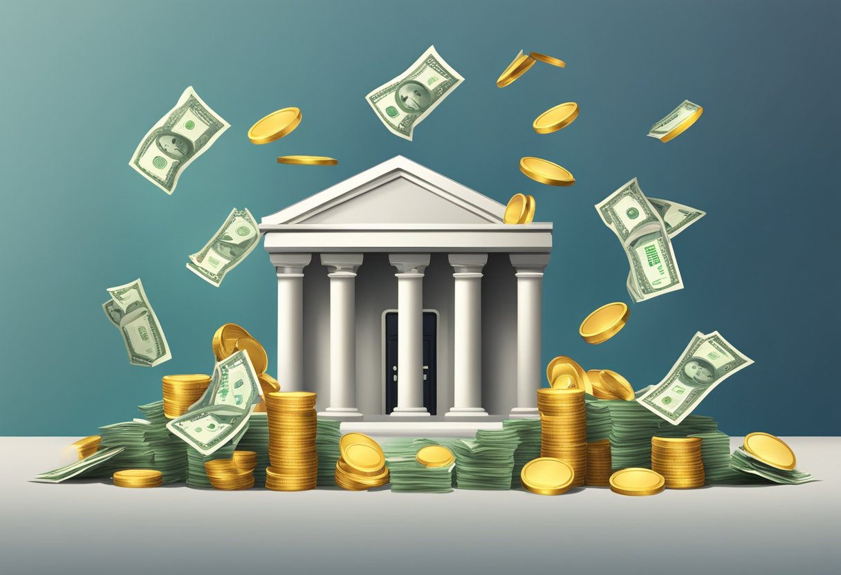 Frequently Asked Questions sign with money flowing into a bank