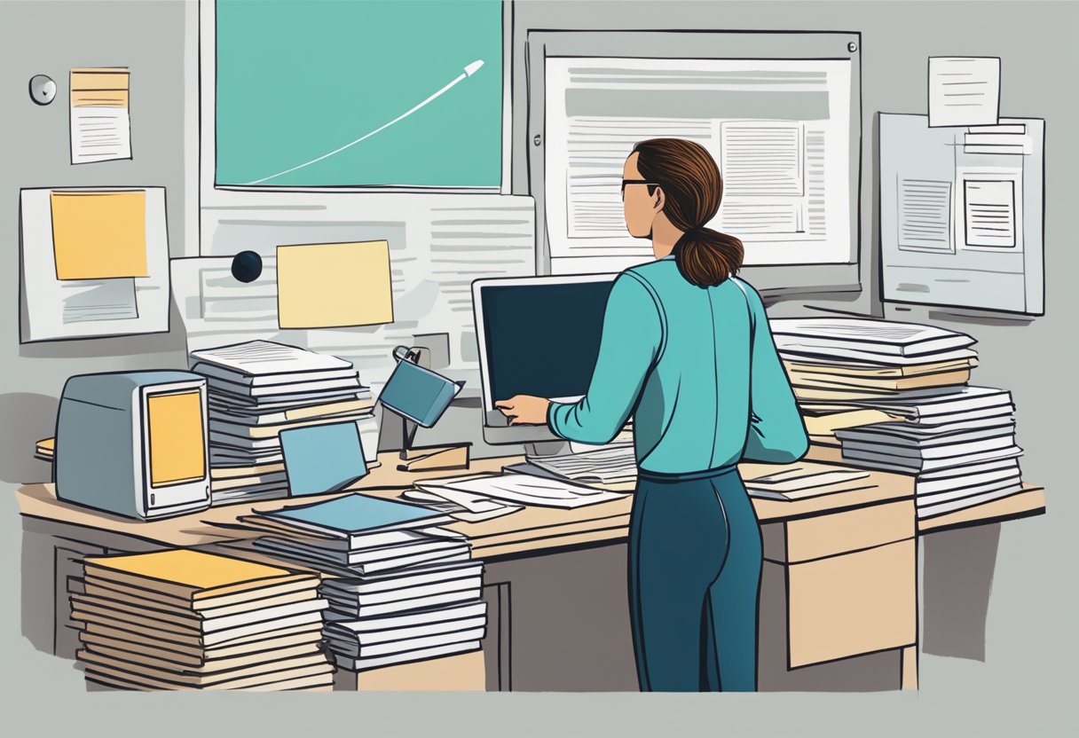 A person standing at a desk, surrounded by paperwork and a computer, with a sign reading "Frequently Asked Questions" above them