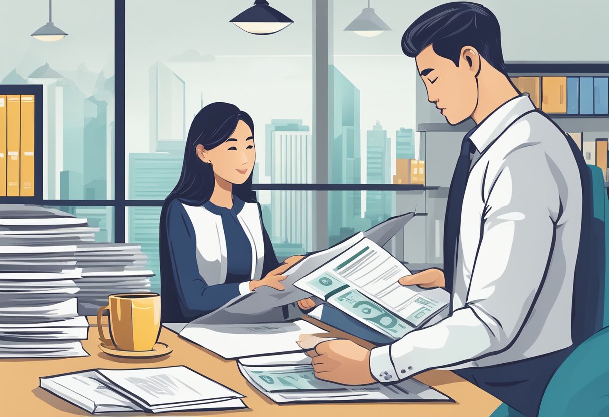 A money lender in Singapore reviews various loan types and terms, including personal, business, and mortgage loans. The lender carefully examines the details of each loan to ensure they meet the necessary criteria