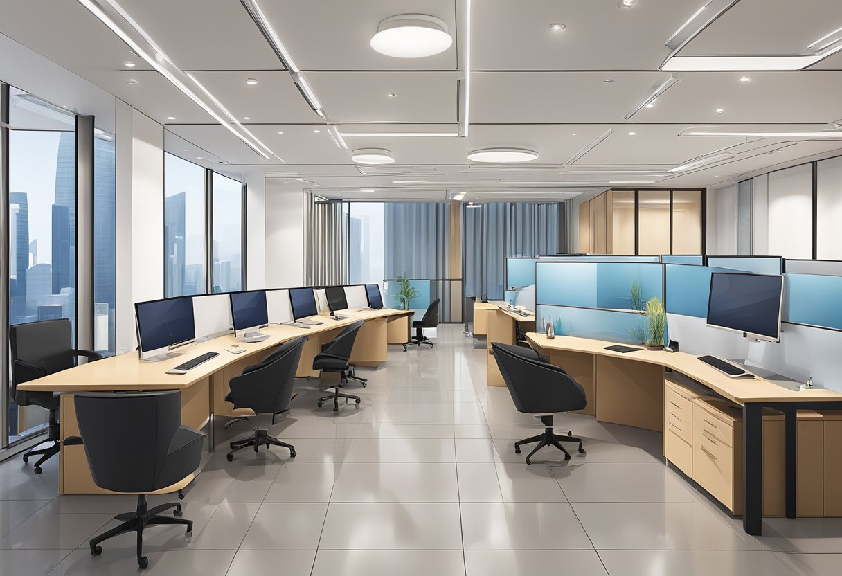 A licensed moneylender's office in Singapore's Beauty World district, with a prominent license displayed. The space is clean and professional, with a desk and chairs for client consultations