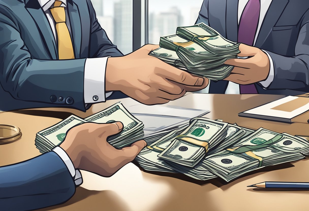 A figure hands over cash to a financial planner