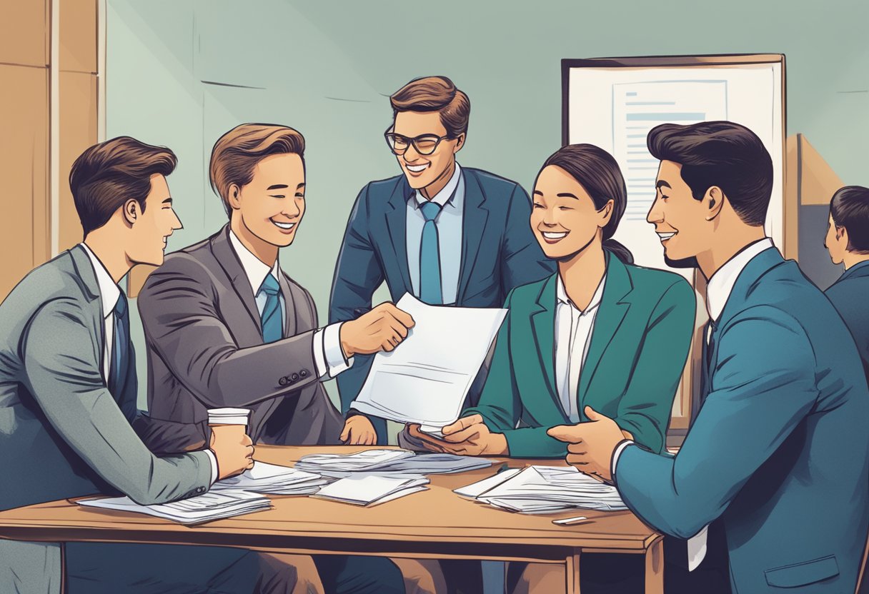 A group of people in business attire sitting around a table, exchanging documents and shaking hands with a sign that reads "Best Private Money Lenders."
