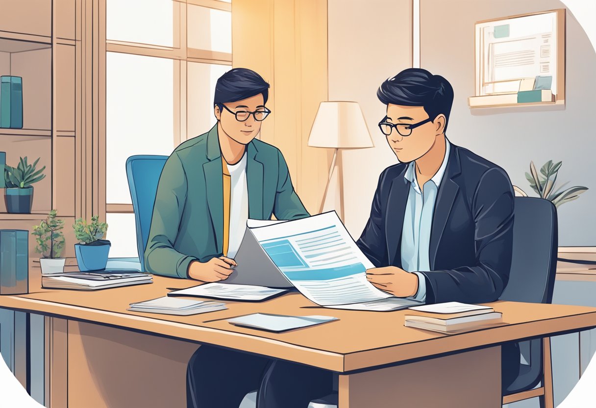 A person sitting at a desk, discussing loan terms with a representative from Advance Planners Credit, a licensed money lender in Singapore