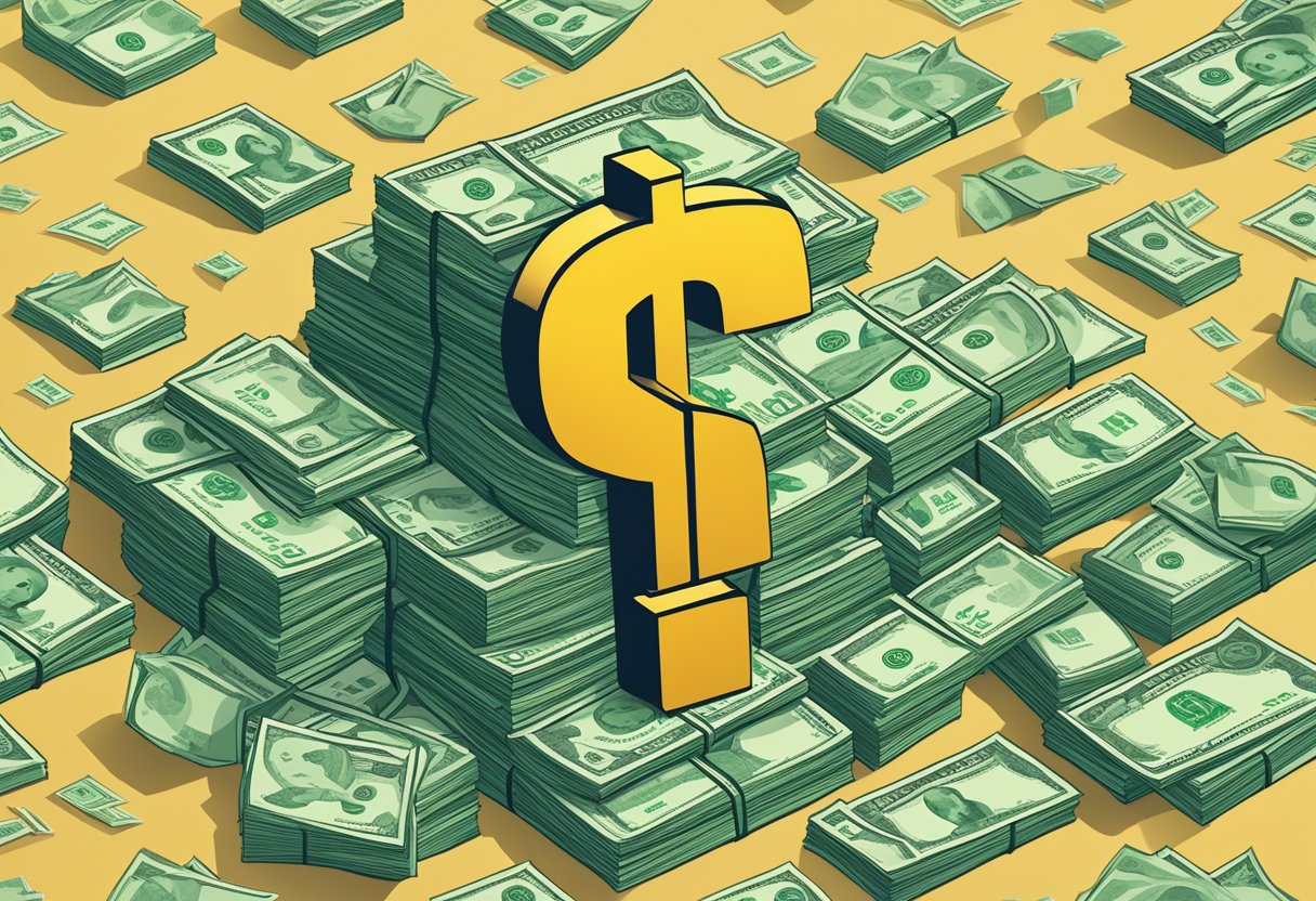 A stack of money with a question mark on it, surrounded by messaging symbols and a lender's logo