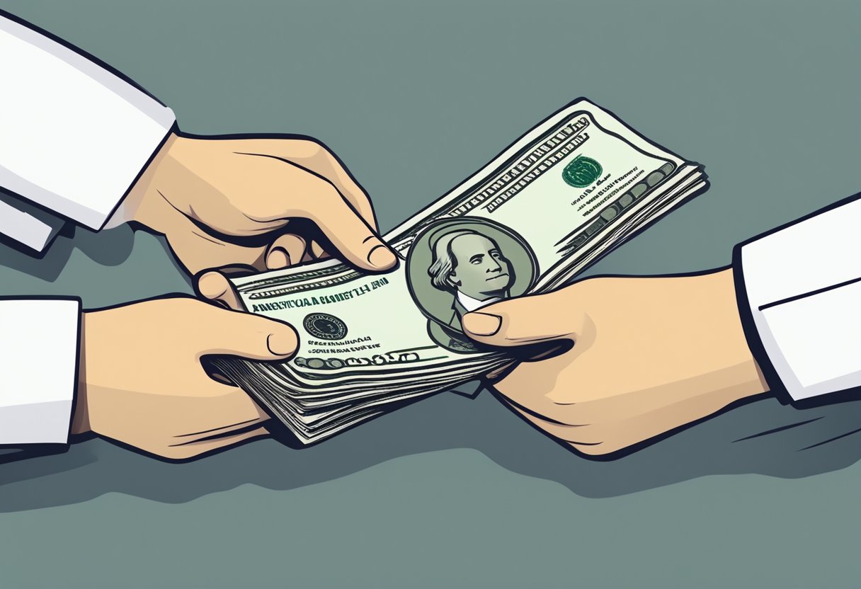 A stack of cash and a handshake between two people, one holding a document labeled "Private Money Loan Agreement."