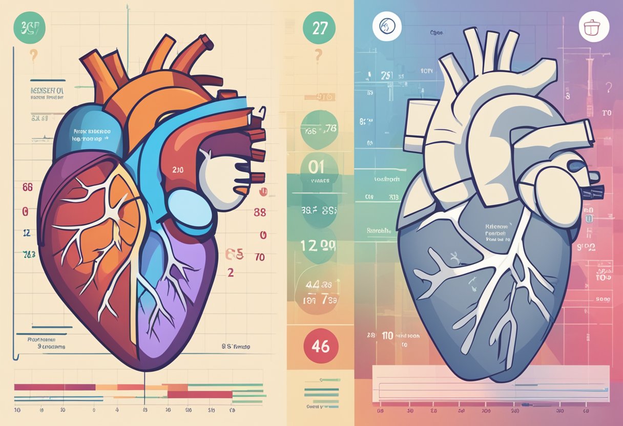 Heart rate and blood pressure charts side by side with FAQ text in the background