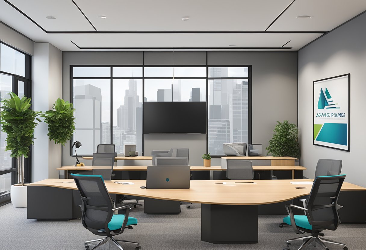 A modern office space with sleek furniture and a large logo of Advance Planners Credit Services displayed prominently on the wall