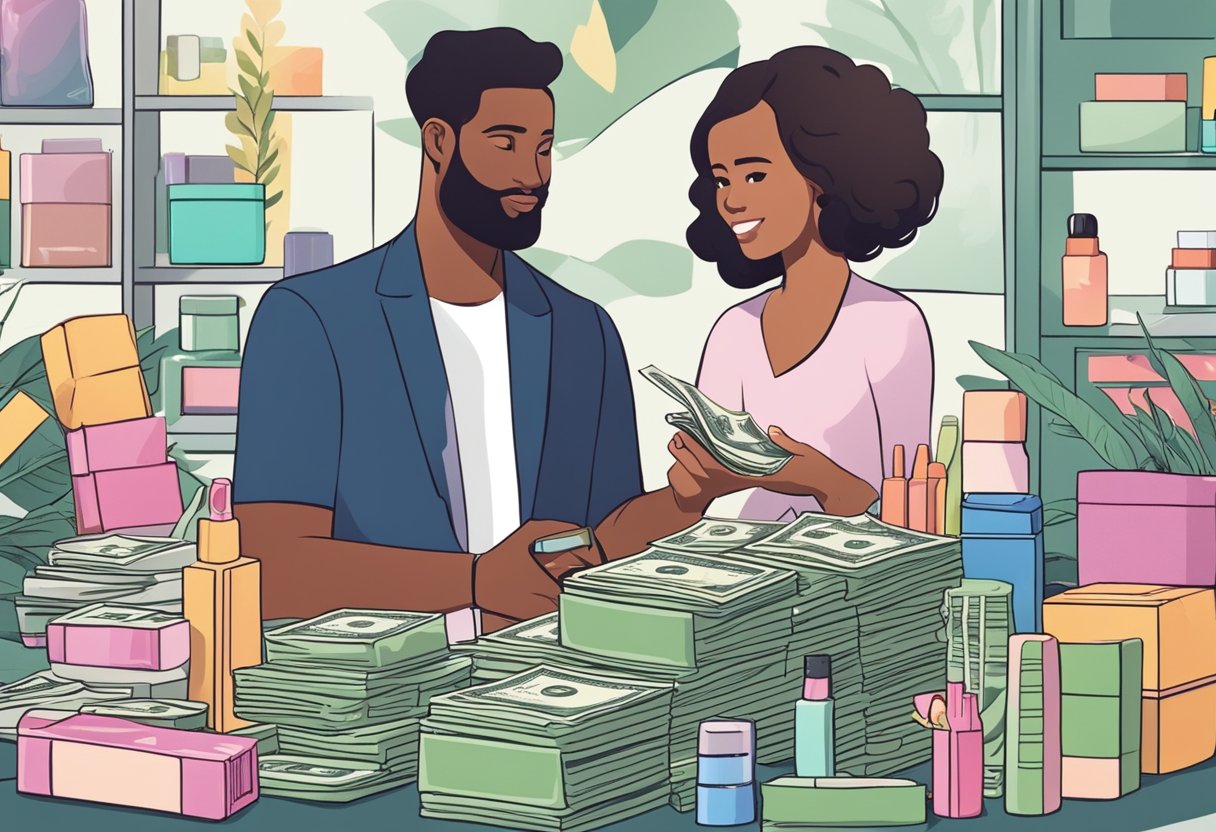 A stack of money surrounded by beauty products and a license, with a lender standing nearby, fielding questions from interested parties