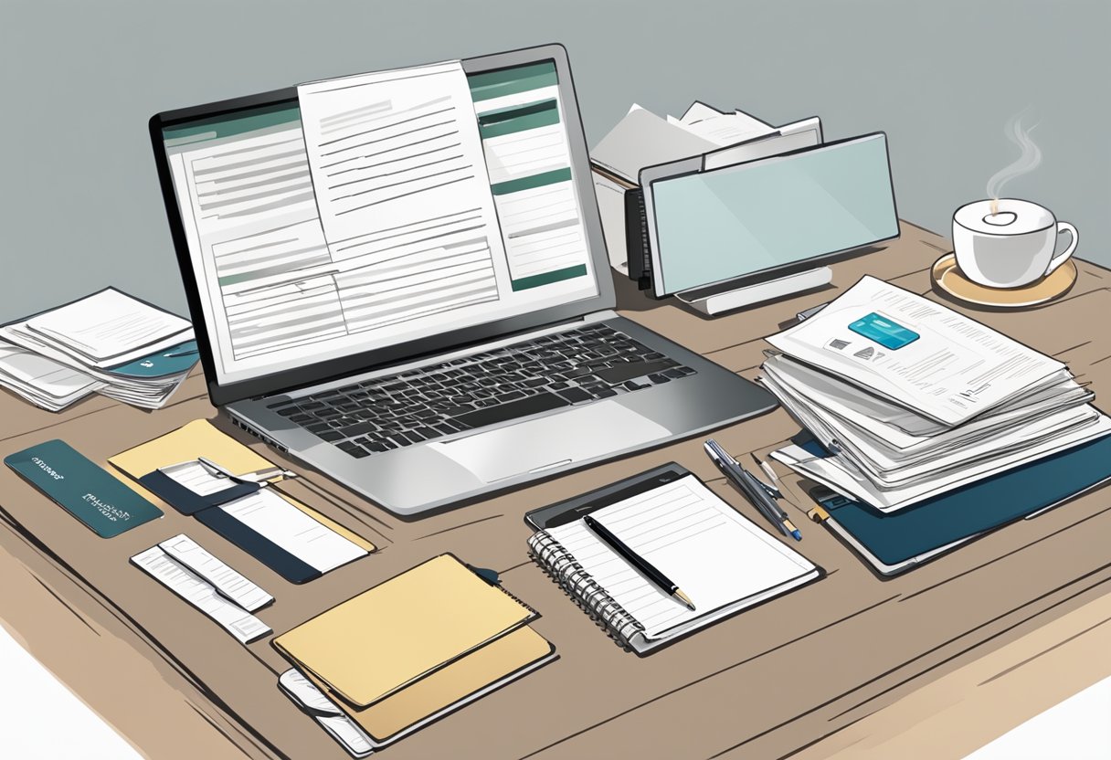 An organized desk with a laptop, notebook, and pen. A stack of papers labeled "Frequently Asked Questions" and a credit card on the table