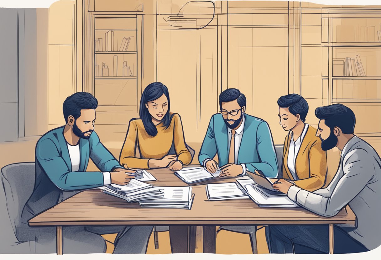 A group of people gathered around a table, discussing and exchanging information about the best private money lenders. The atmosphere is professional and focused, with individuals engaged in conversation and taking notes