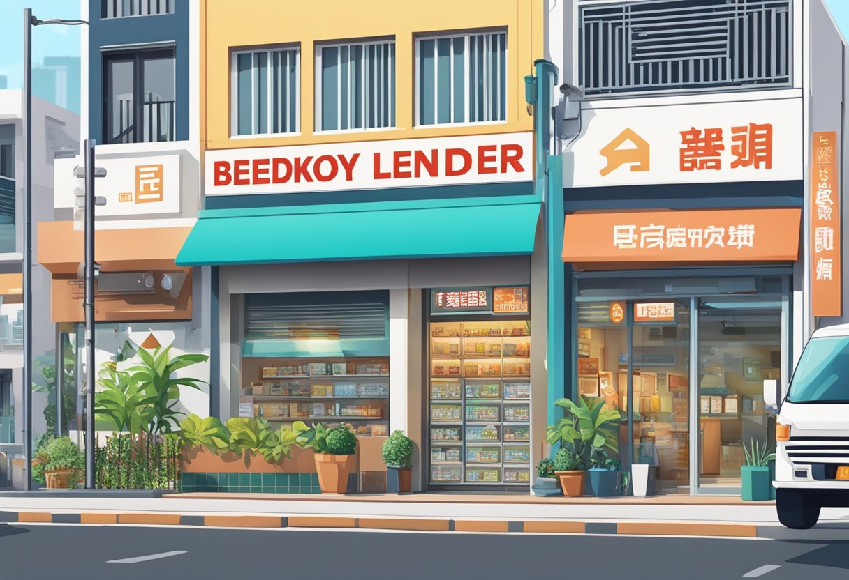 A signboard outside a shop with "Bedok Licensed Money Lender" in bold letters. Surrounding buildings and a busy street in the background