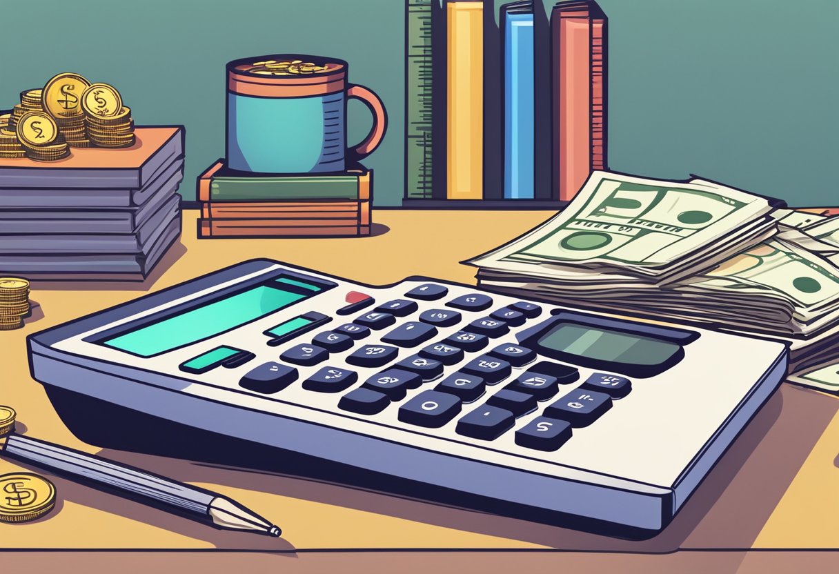 A calculator sits on a desk, surrounded by stacks of bills and coins, representing a money lender's financial transactions