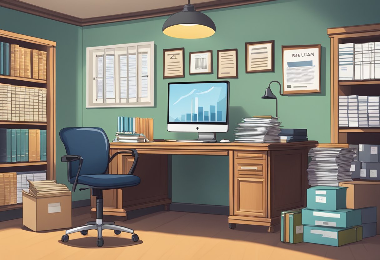 A legal money lender's office with a desk, chair, and shelves of files and documents. A sign on the wall displays interest rates and loan terms