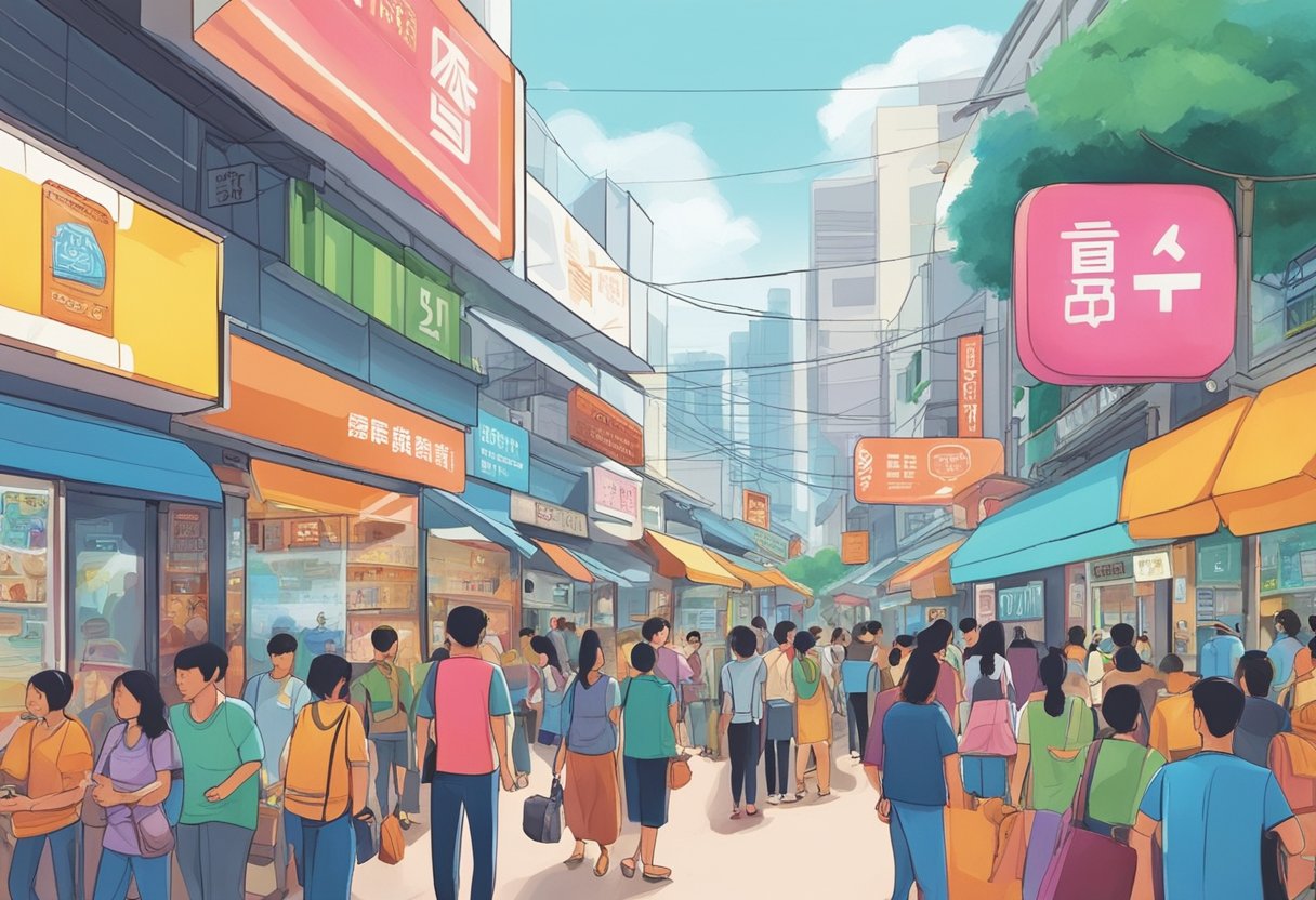 A bustling street in Bedok, with vibrant signs advertising licensed moneylenders. People enter and exit the storefronts, while others wait in line outside. The atmosphere is filled with a sense of urgency and financial need