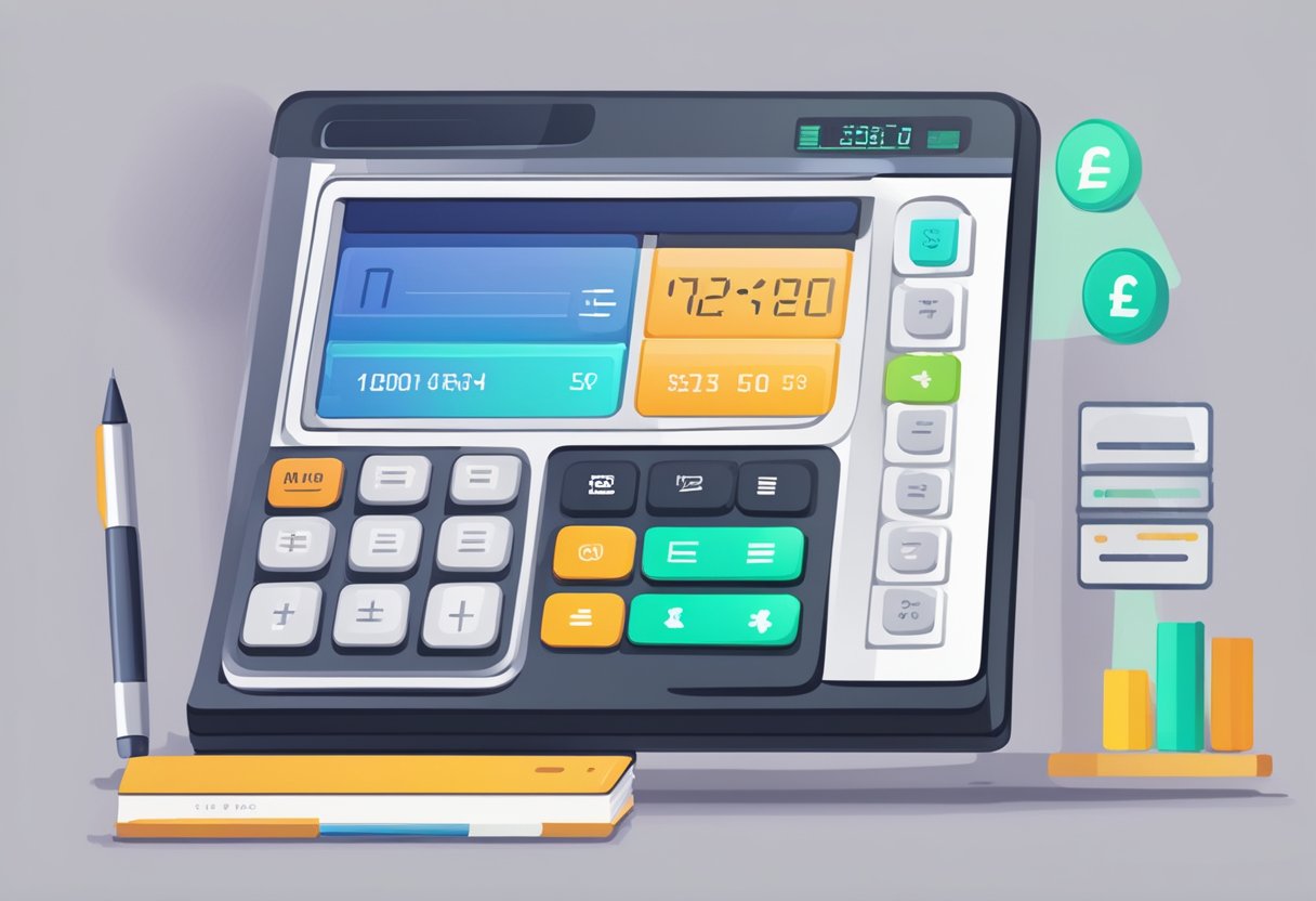 A calculator sits on a desk, displaying a money lending interface. The screen shows input fields for loan amount, interest rate, and repayment period