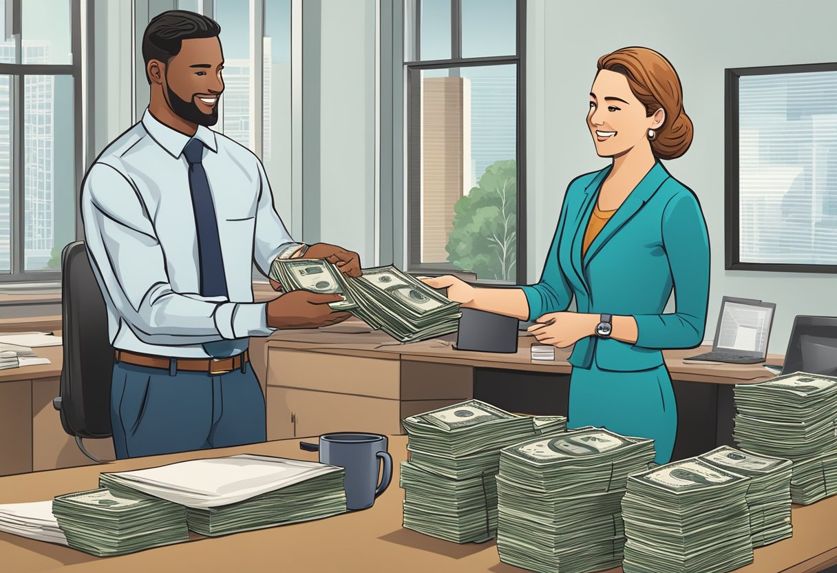 A business owner receiving a stack of cash from a money lender in a professional office setting