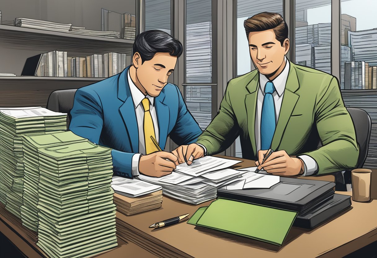 A business owner sits at a desk, signing paperwork as a money lender looks on. The lender holds a stack of cash, symbolizing a business loan