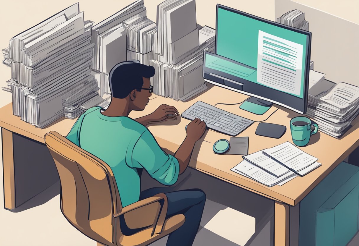 A person sits at a desk, surrounded by paperwork and a computer. They are researching and comparing different loan options from a legal money lender