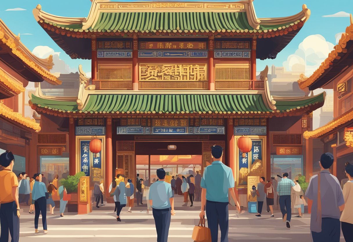 A bustling Chinatown point money lender with people entering and exiting, surrounded by traditional Chinese architecture and vibrant signage