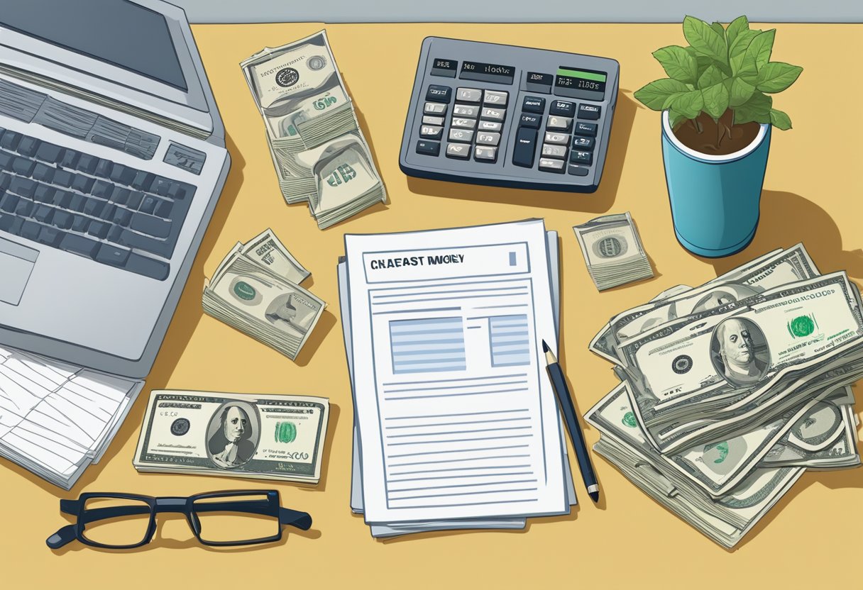 An office desk cluttered with loan documents, a calculator, and a sign reading "Cheapest Personal Money Lender." A stack of cash sits prominently on the desk