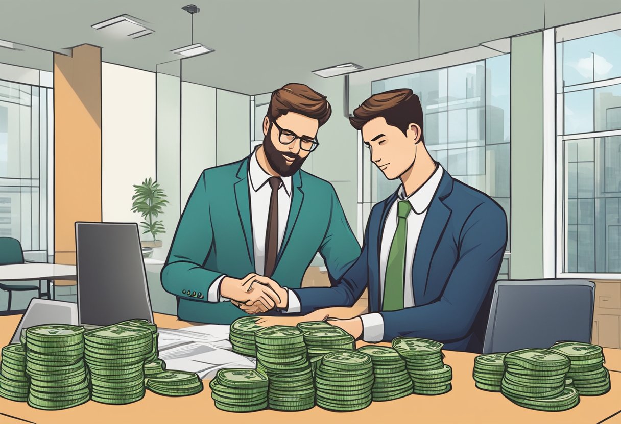 A business owner repays a loan while strategizing growth with a money lender