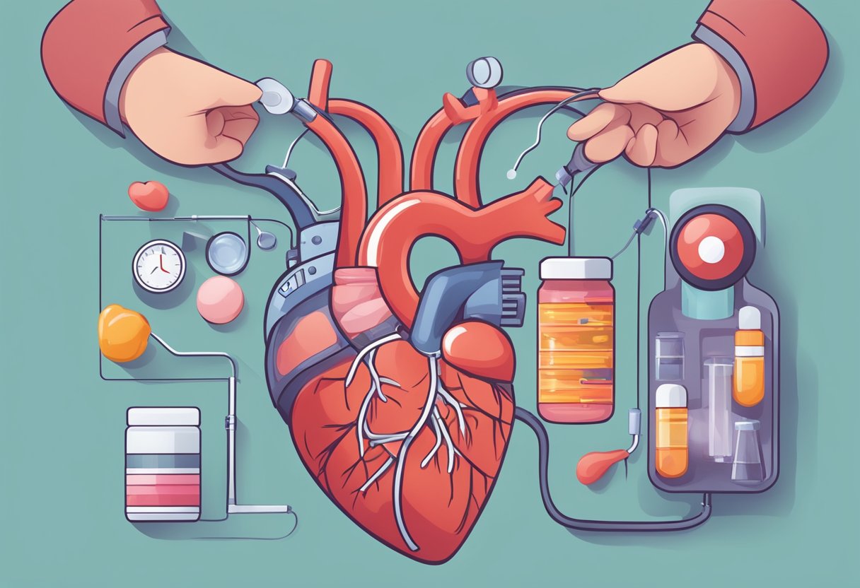 A heart with a blood clot being treated with medication and managed through lifestyle changes and monitoring