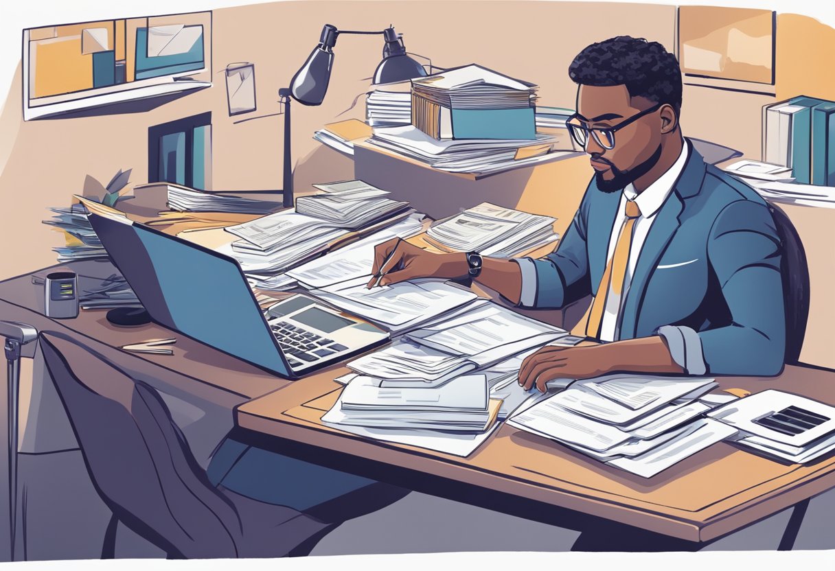 A person sitting at a desk, surrounded by paperwork and a laptop, researching different personal loan options and comparing interest rates from various lenders