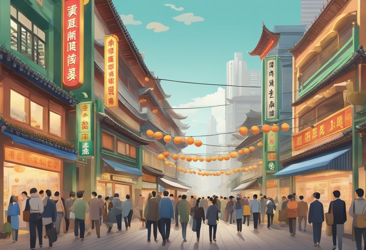 A bustling Chinatown street with a prominent sign for a money lender at Chinatown Point. People enter and exit the establishment, carrying documents and cash. The atmosphere is busy and business-like