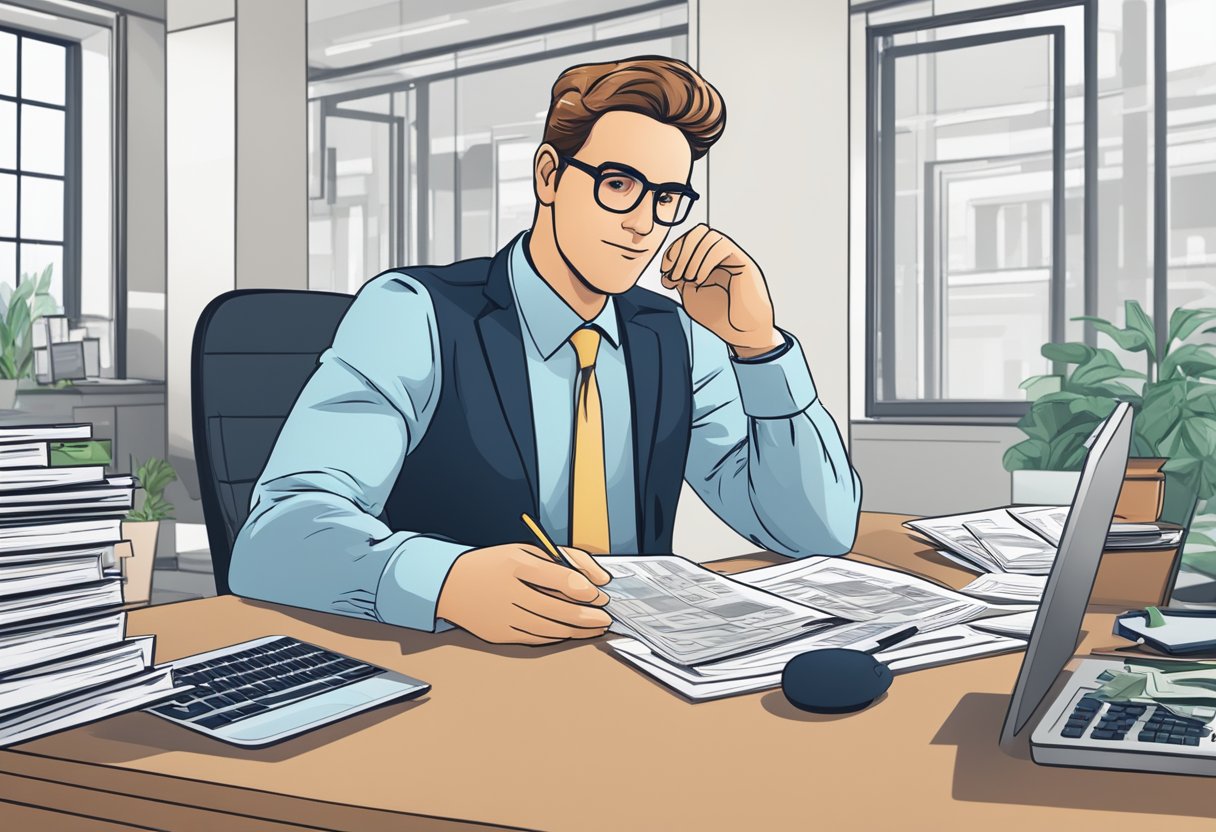 A business owner sits at a desk, surrounded by paperwork and a laptop, while speaking with a money lender about a loan