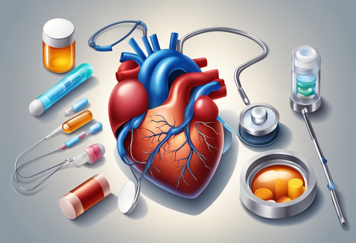A heart with a blood clot being treated with medication and medical equipment