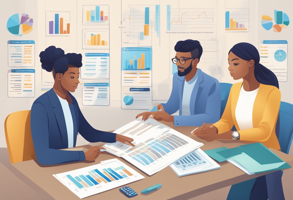 A person comparing interest rates and terms from different lenders. Tables and charts showing loan options