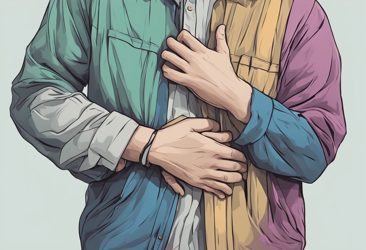 A person clutches their chest, their right arm limp and numb